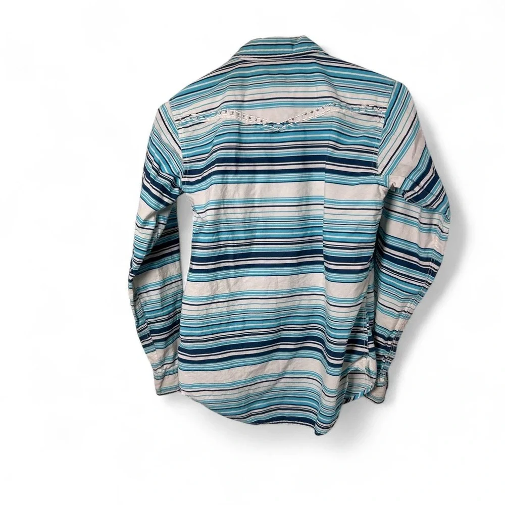 Cowgirl Hardware youth girls XL Western Snap Shirt Teal Blue Stripe Rhinestone